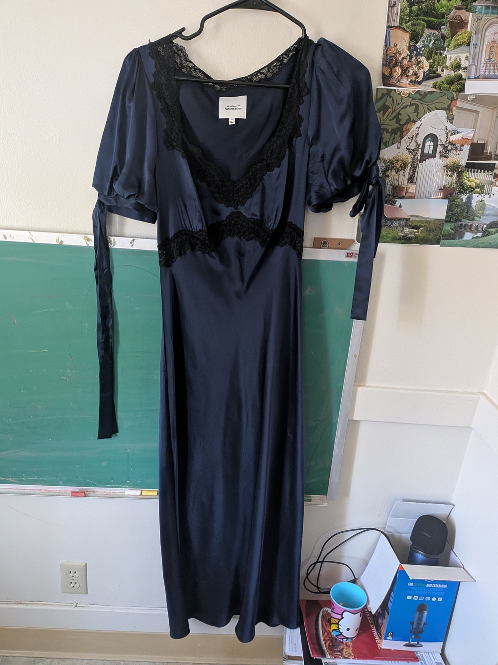 Reformation Navy Satin Lace-Trim Midi Dress